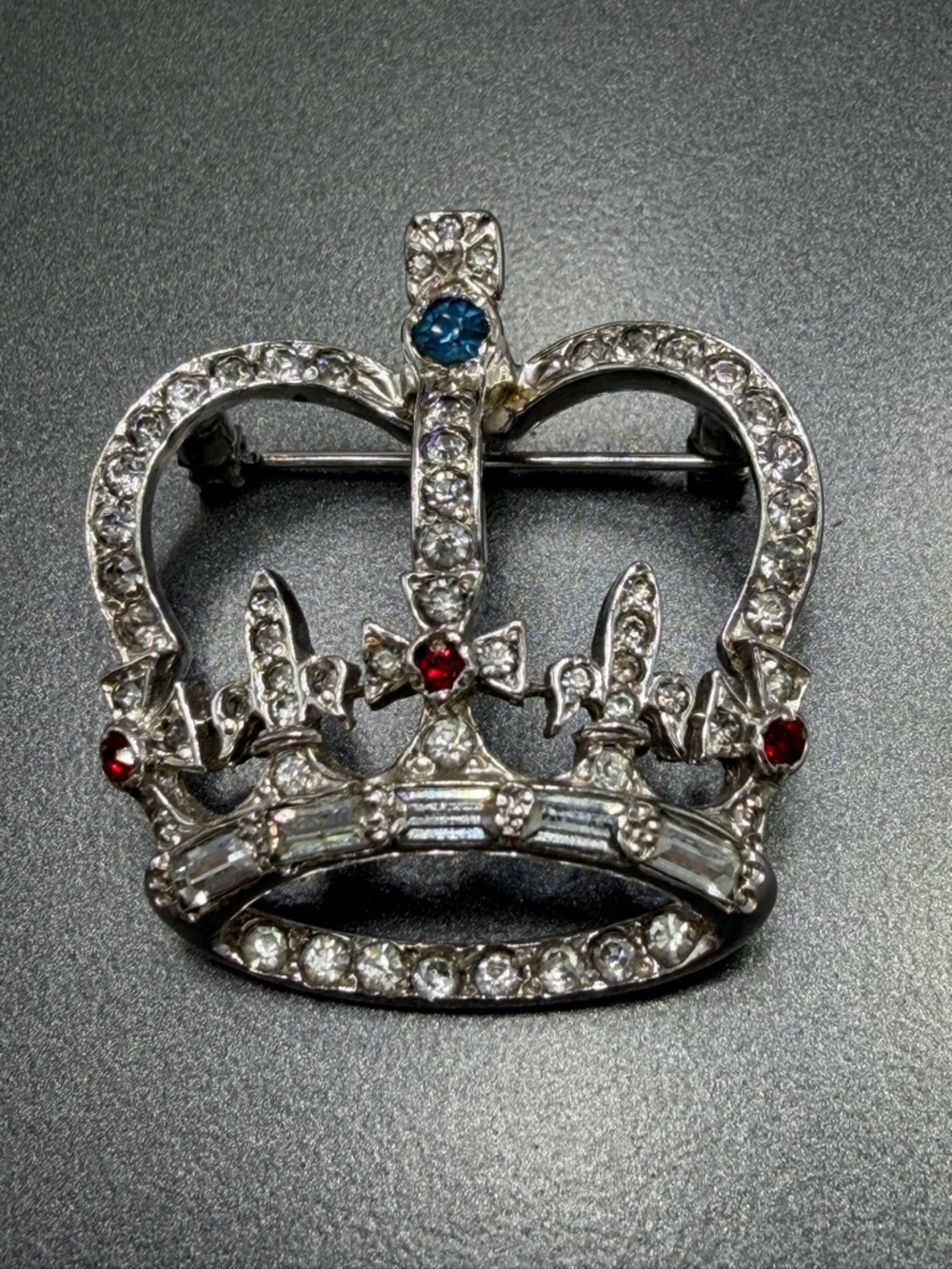 Vintage Keyes signed Rhinestone Crown Brooch with Red and Blue Accents #7SB
